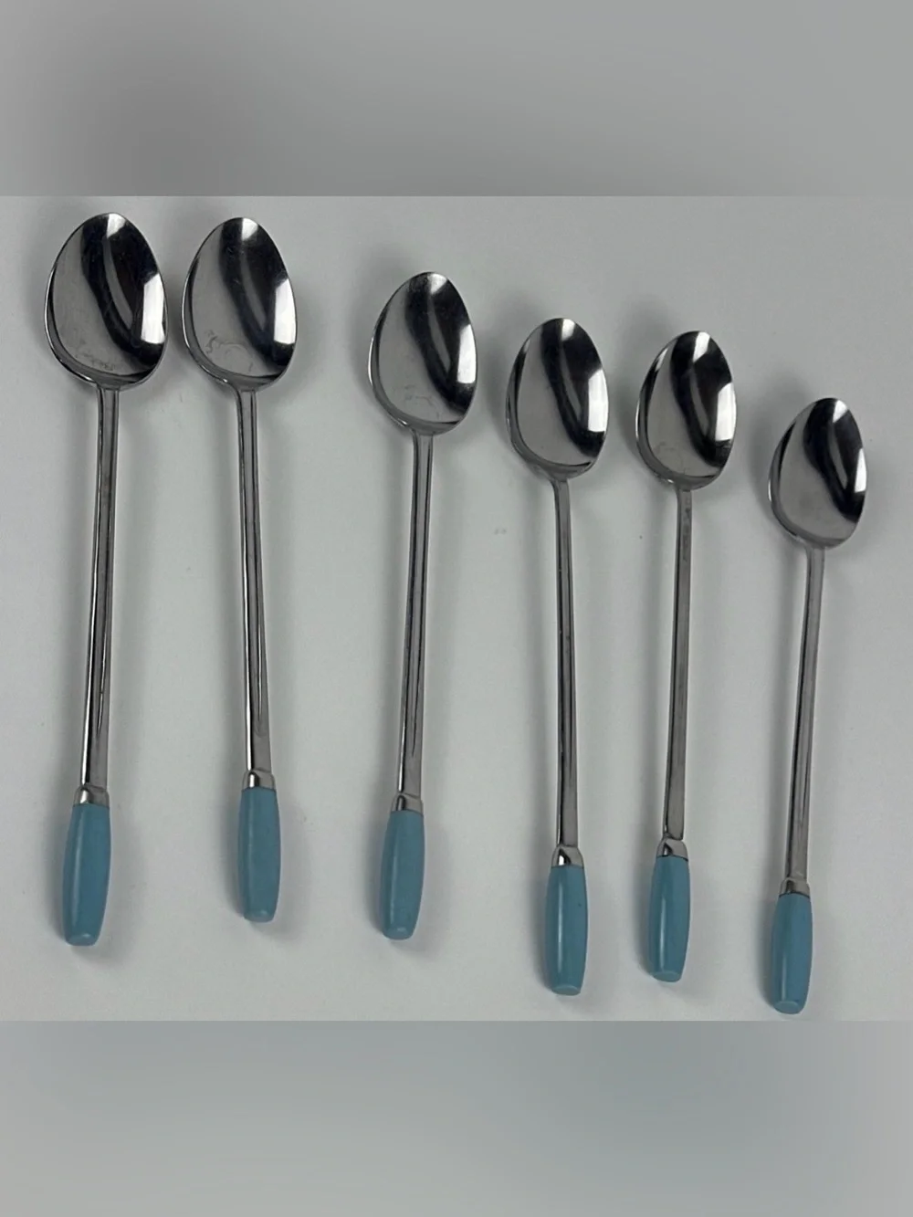 Castle Stainless Steel Japan Ice Tea Spoons Teaspoons Blue Handle Lot Set Of 6